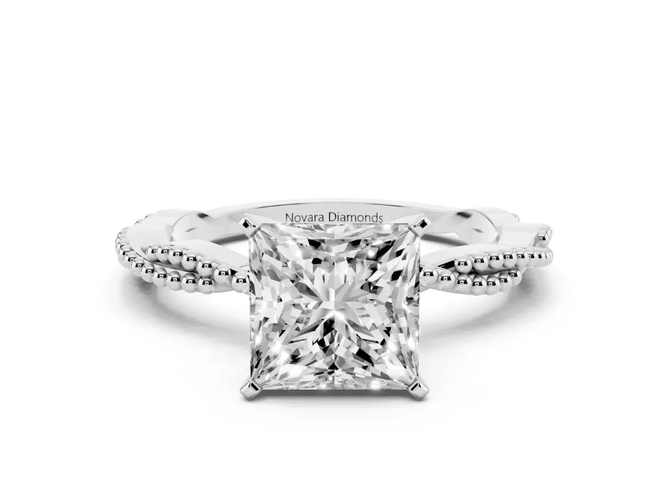 Princess Cut Twisted Solitaire Engagement Ring Setting | Beaded Twist Band | White Gold