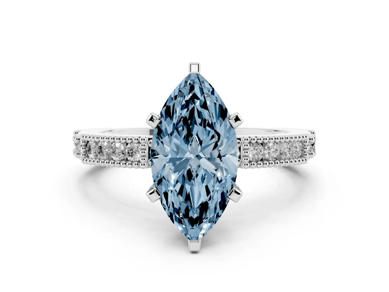 Fancy Blue Marquise Cut Diamond Solitaire Ring Set in Platinum with Slim Pavé Band and Prong Setting