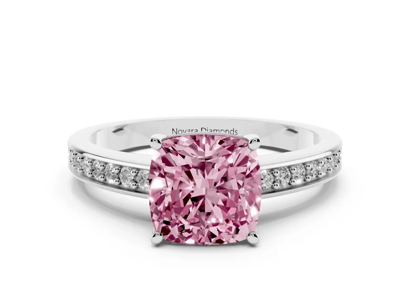 Cushion Cut Pave Solitaire Engagement Ring Setting for a Fancy Pink Lab-Grown Diamond | Accented Basket | White Gold