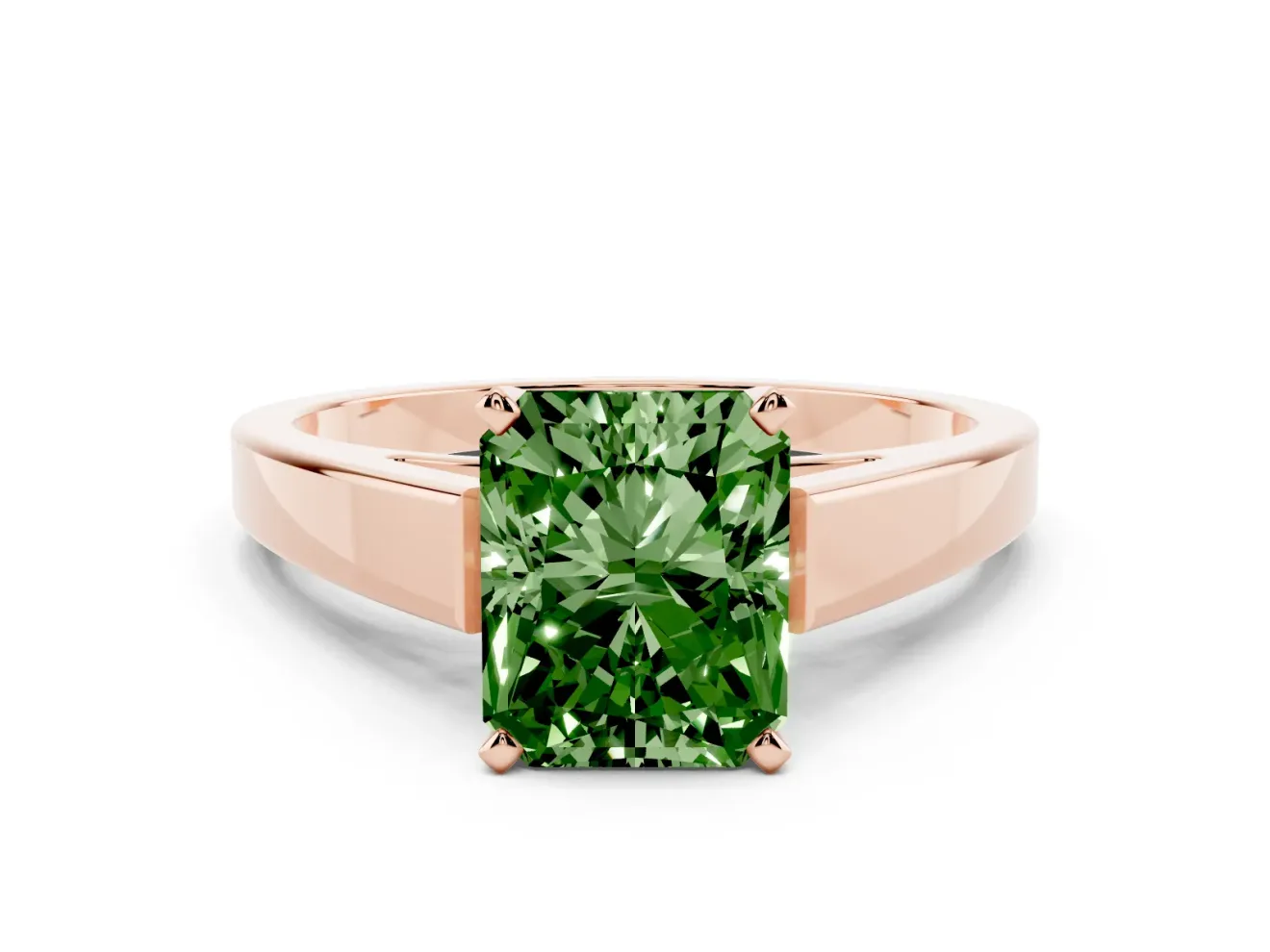 Fancy Green Radiant Cut Diamond Solitaire Engagement Ring Set in Rose gold with Prong Setting and Tapered Band