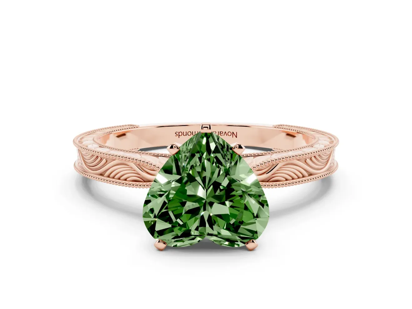 Fancy Green Heart Cut Diamond Solitaire Milgrain Engraved Band Set in Rose gold with Prong Setting