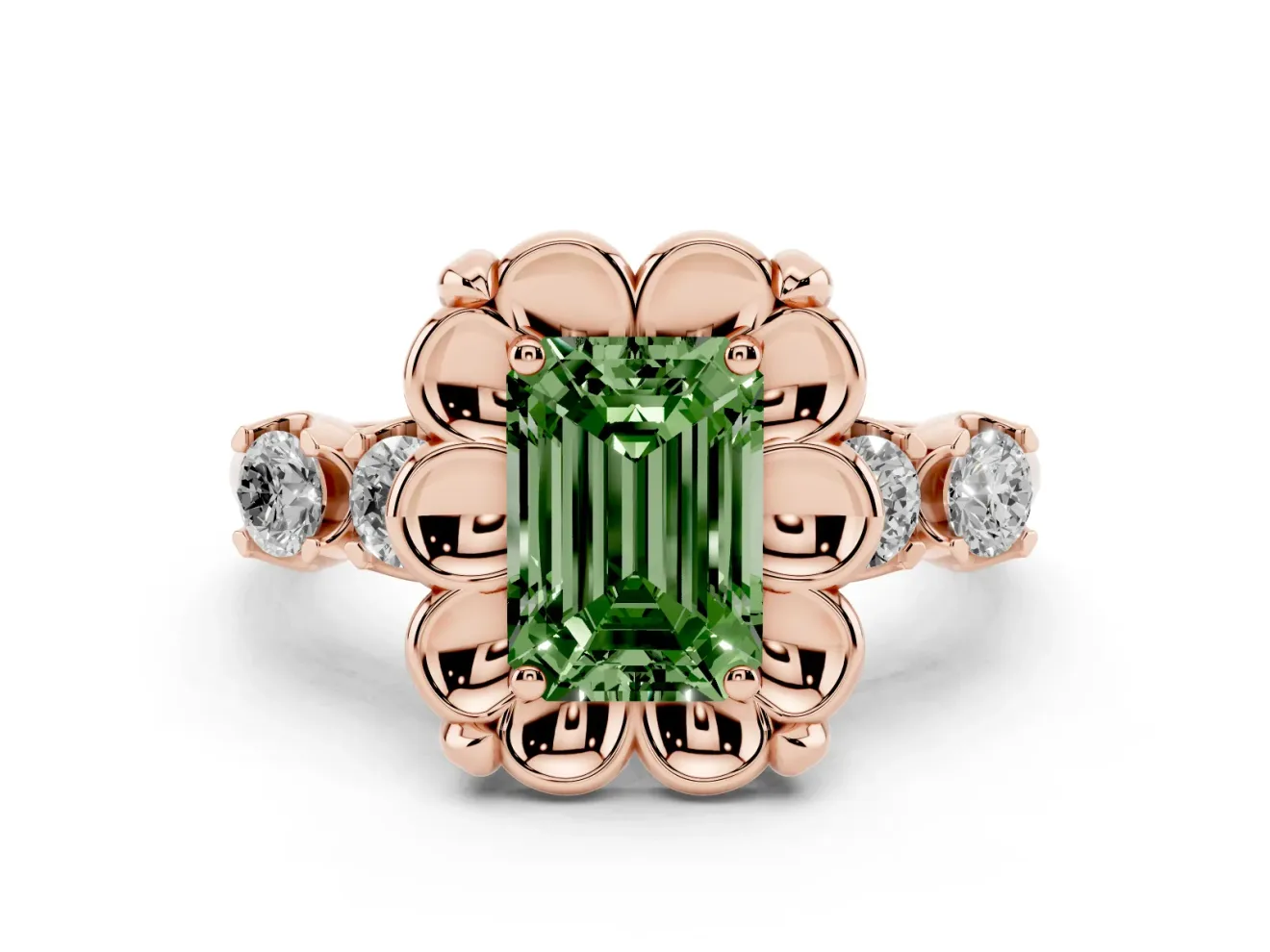 Emerald Cut Floral Engagement Ring Setting for a Fancy Green Lab-Grown Diamond | Petal Frame and Side Stones | Rose Gold