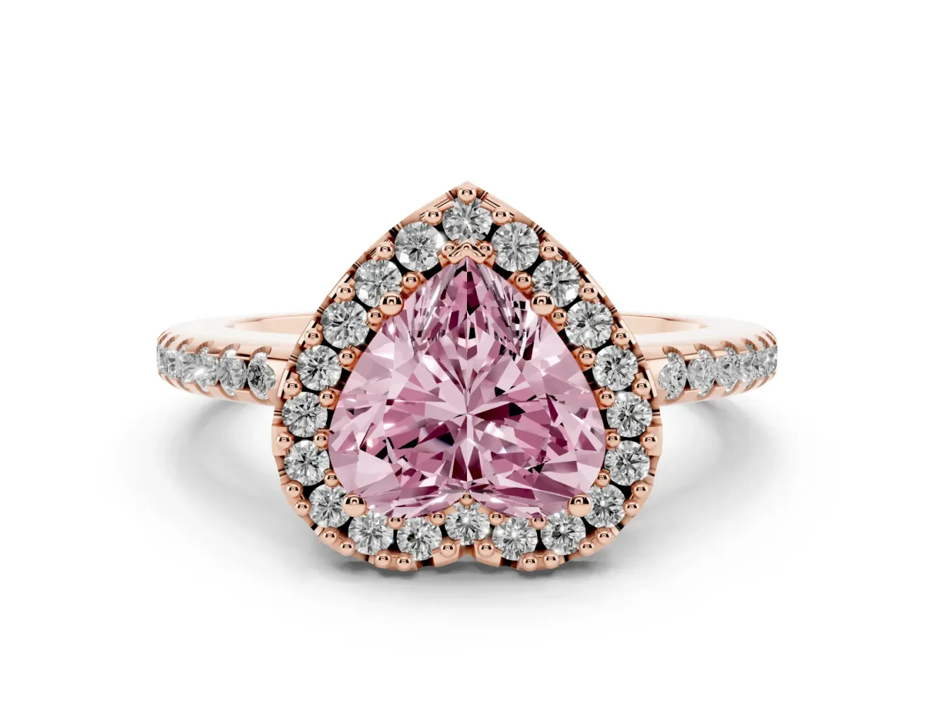 Heart-Shaped Pave Halo Engagement Ring Setting for a Fancy Pink Lab-Grown Diamond | Pave Band | Rose Gold
