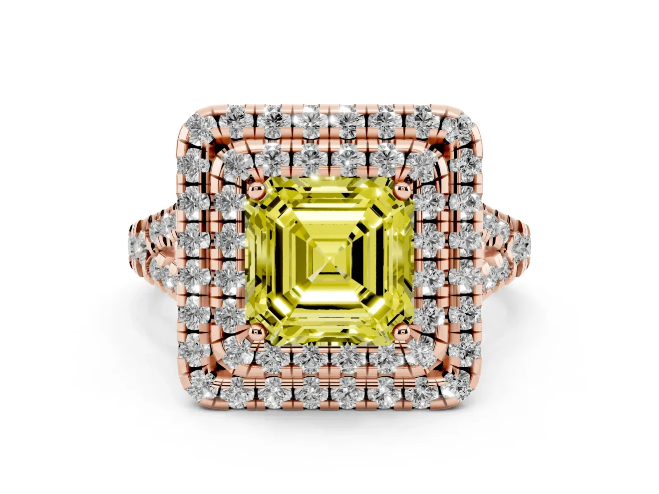 Fancy Yellow Asscher Cut Diamond Double Halo Ring Set in Rose gold with Pavé Split Shank and Prong Setting