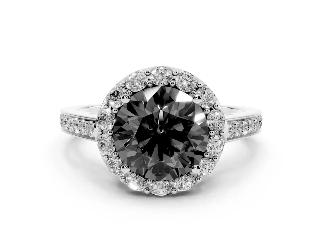 Fancy Black Round Cut Diamond Floral Halo Ring Set in Platinum with Pavé Band and Prong Setting