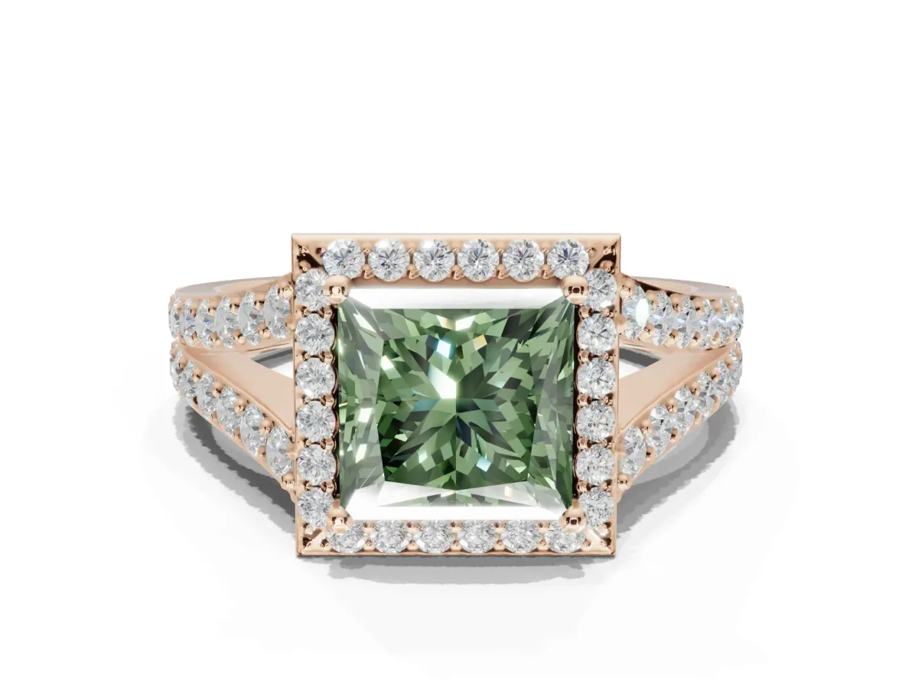 Princess Cut Halo Pavé Engagement Ring Setting for a Fancy Green Lab-Grown Diamond | Narrow Split Shank | Rose Gold