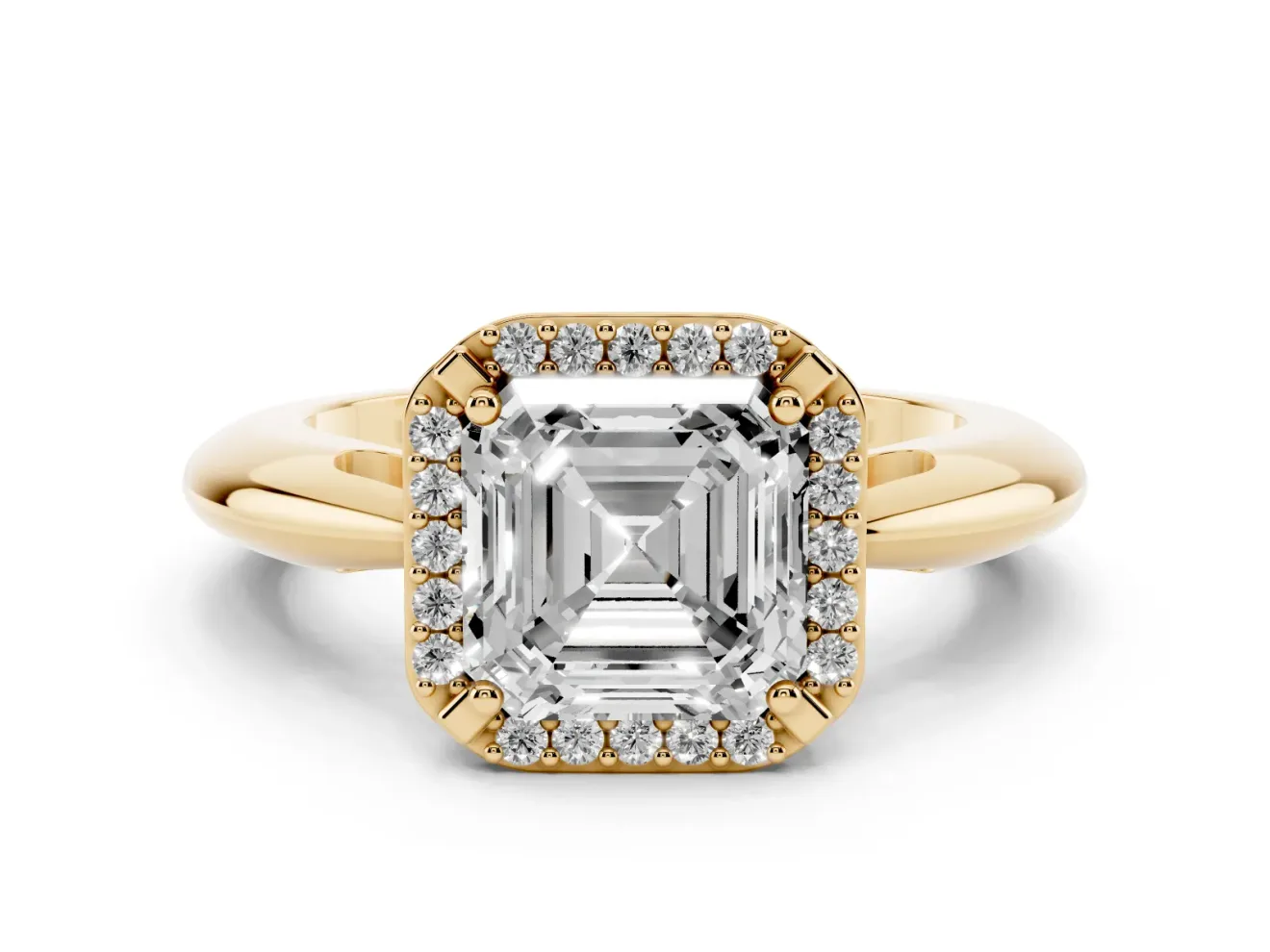Asscher Cut Diamond Halo Engagement Ring Set in Yellow gold with Plain Split Shank and Prong Setting