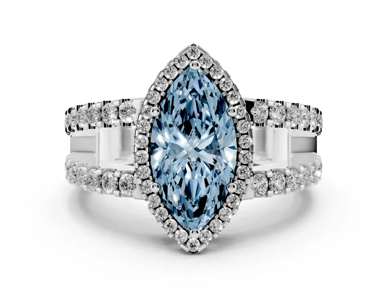 Fancy Blue Marquise Cut Diamond Halo Ring Set in Silver with Pavé Split Shank and Prong Setting