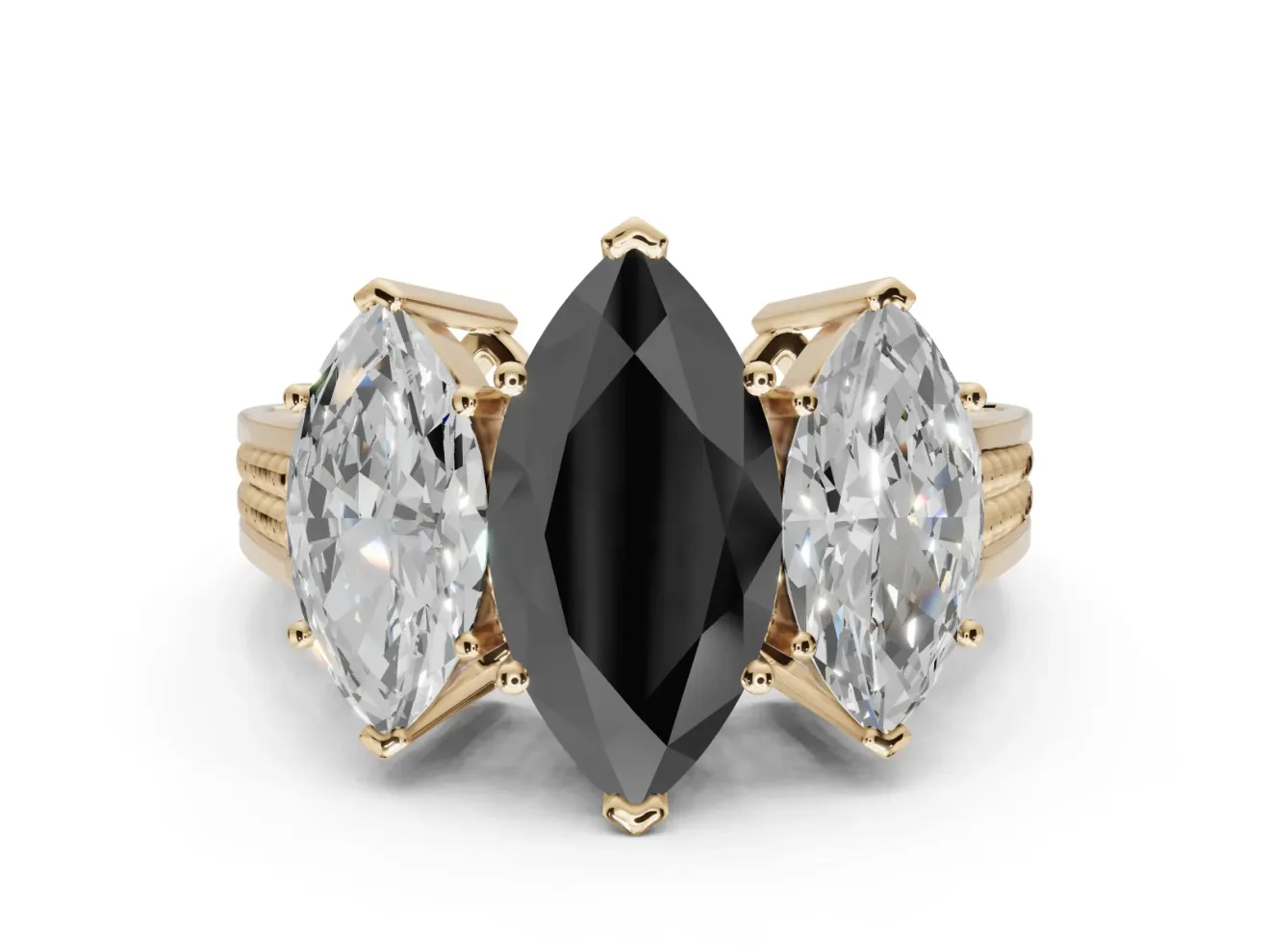Fancy Black Marquise Lab-Grown Diamond Three-Stone Ring Set in Yellow Gold with Textured Band