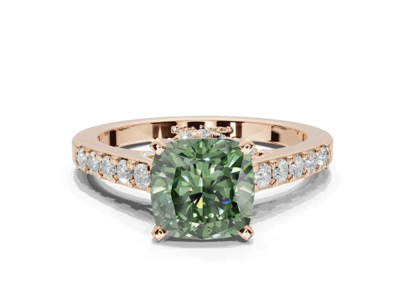 Cushion Cut Pavé Solitaire Engagement Ring Setting for a Fancy Green Lab-Grown Diamond | Crossover Gallery | Rose Gold