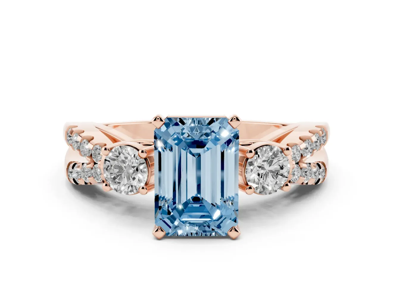 Fancy Blue Emerald Cut Diamond Three-Stone Ring Set in Rose gold with Pavé Split Shank and Prong Setting