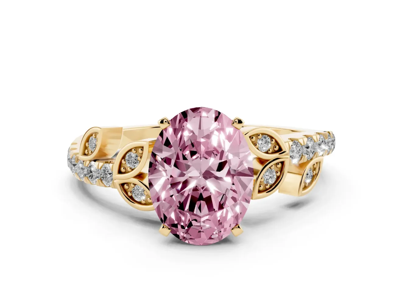 Fancy Pink Oval Cut Diamond Solitaire Leaf-Inspired Ring Set in Yellow gold with Pavé Band and Prong Setting