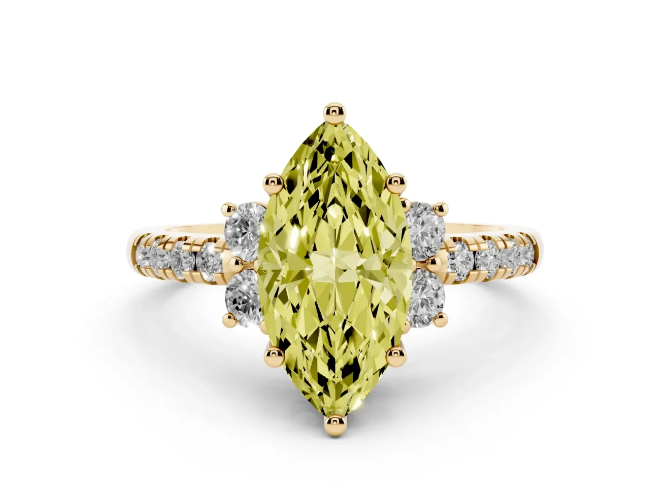 Marquise Side Stone Engagement Ring Setting for a Fancy Yellow Lab-Grown Diamond | Pave Band | Yellow Gold