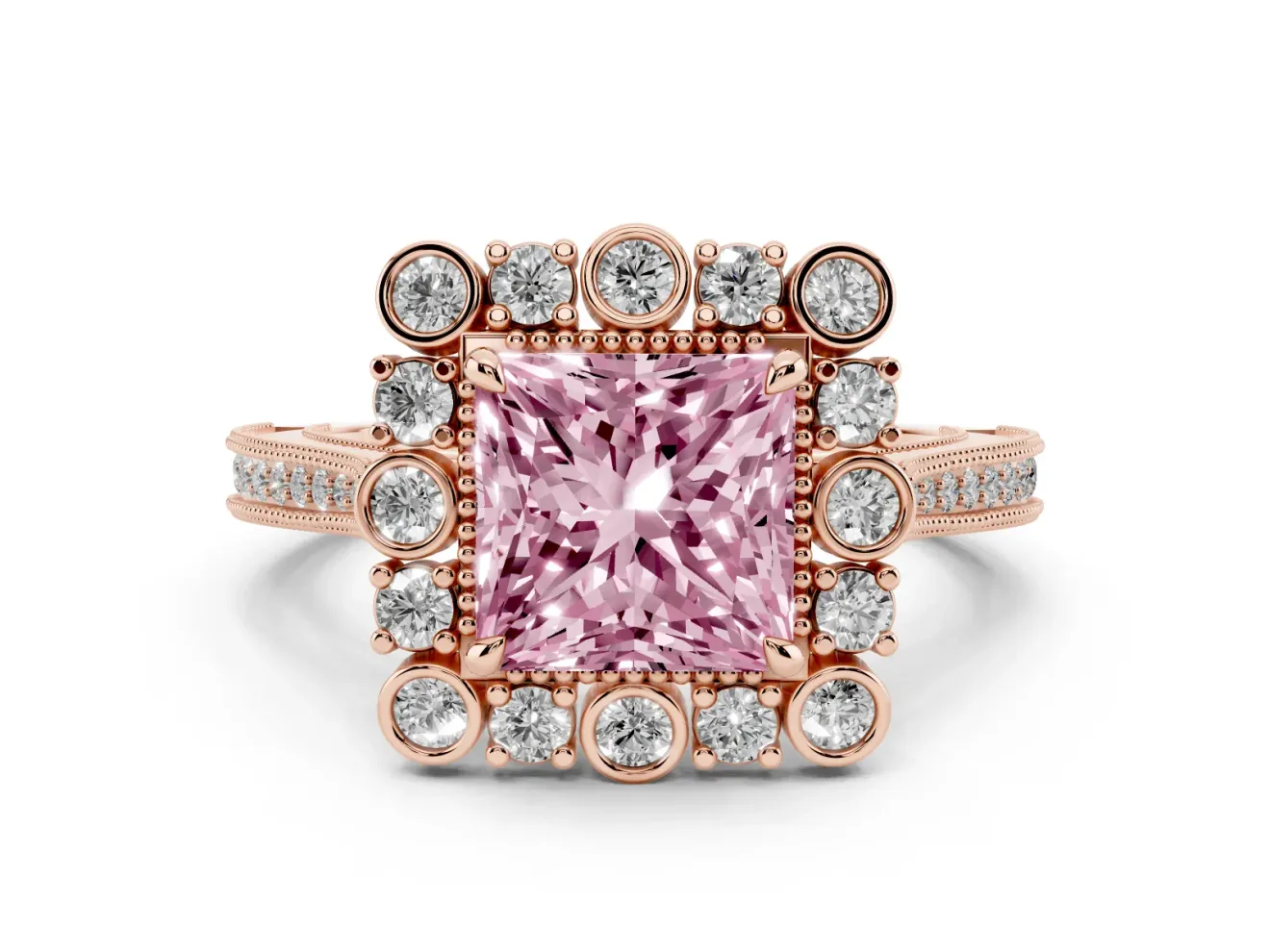 Fancy Pink Princess Cut Diamond Halo Milgrain Pavé Ring Set in Rose gold with Prong Setting