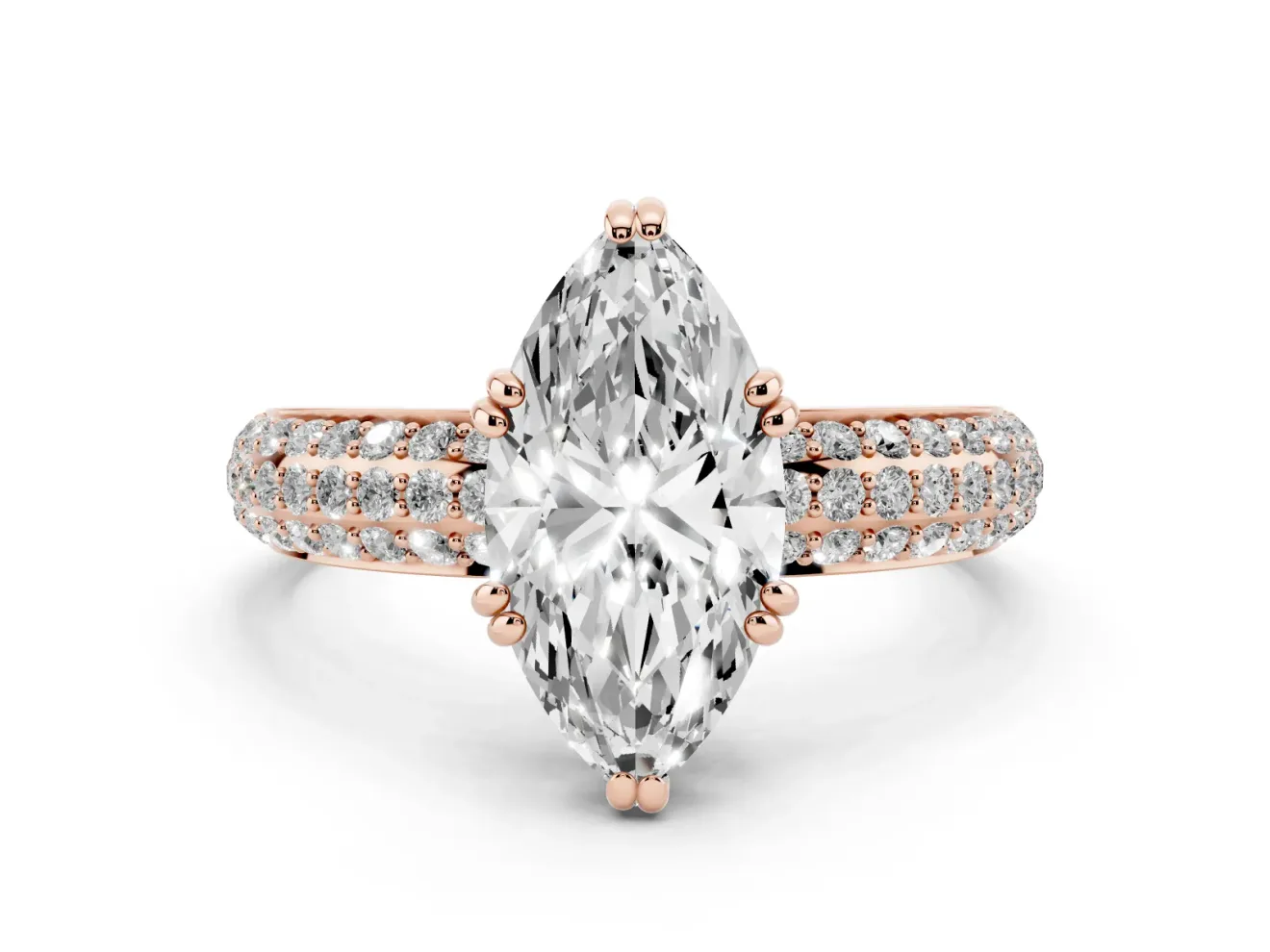 Marquise Three Row Pave Solitaire Engagement Ring Setting | Double Claw Prongs | Rose Gold