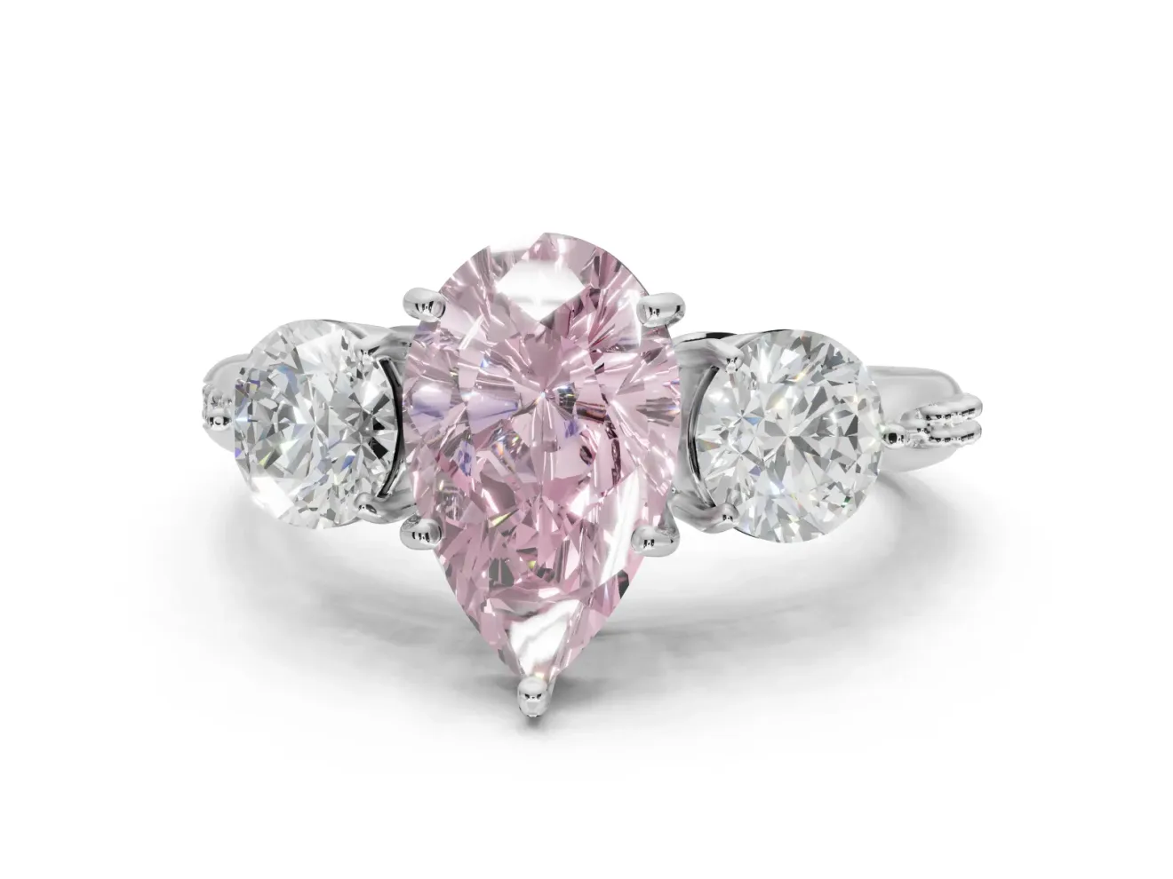 Pear-Shaped Three Stone Engagement Ring Setting for a Fancy Pink Lab-Grown Diamond | Tapered Pave Band | Platinum