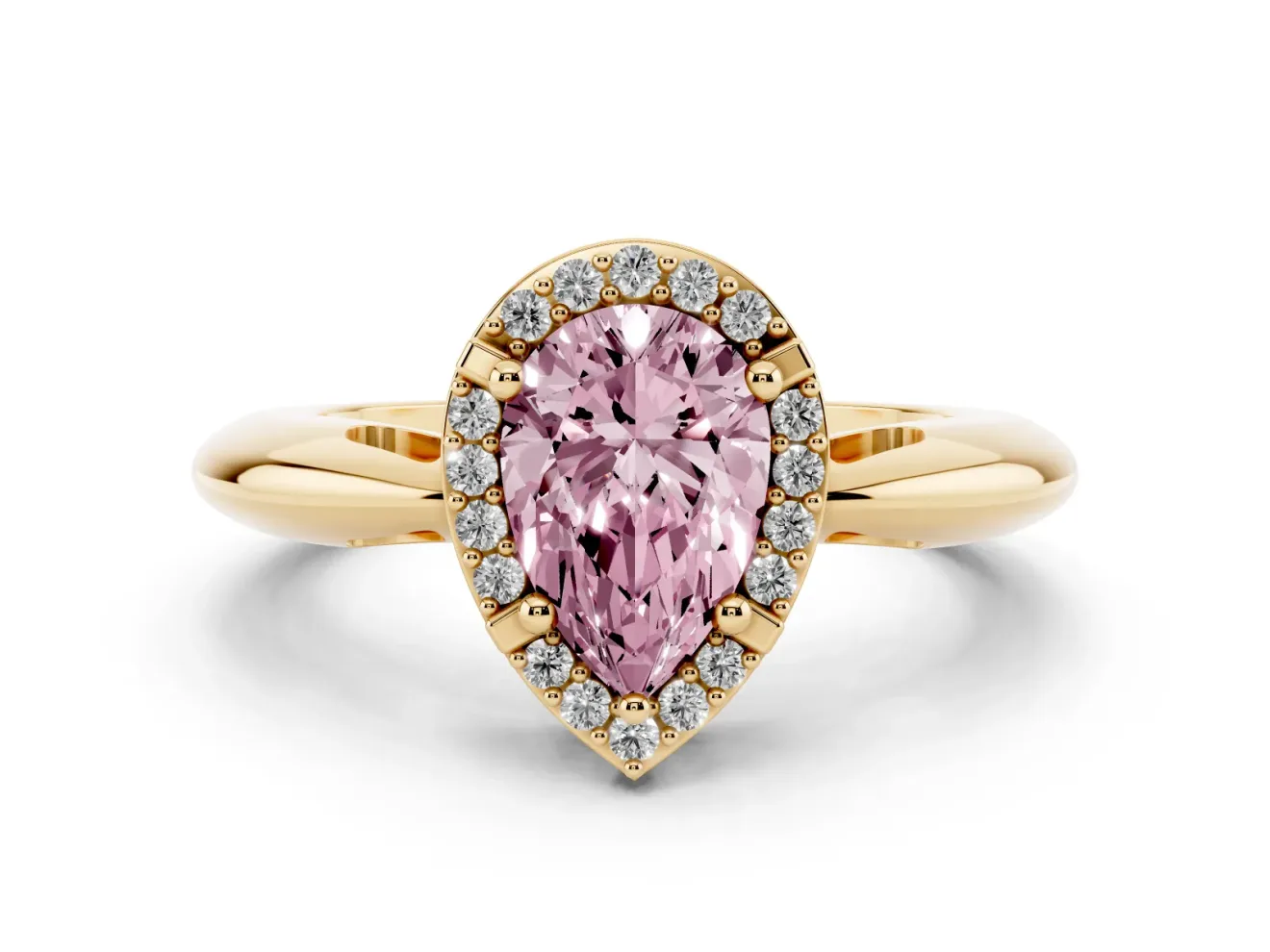 Pear-Shaped Halo Engagement Ring Setting for a Fancy Pink Lab-Grown Diamond | Plain Tapered Band | Yellow Gold