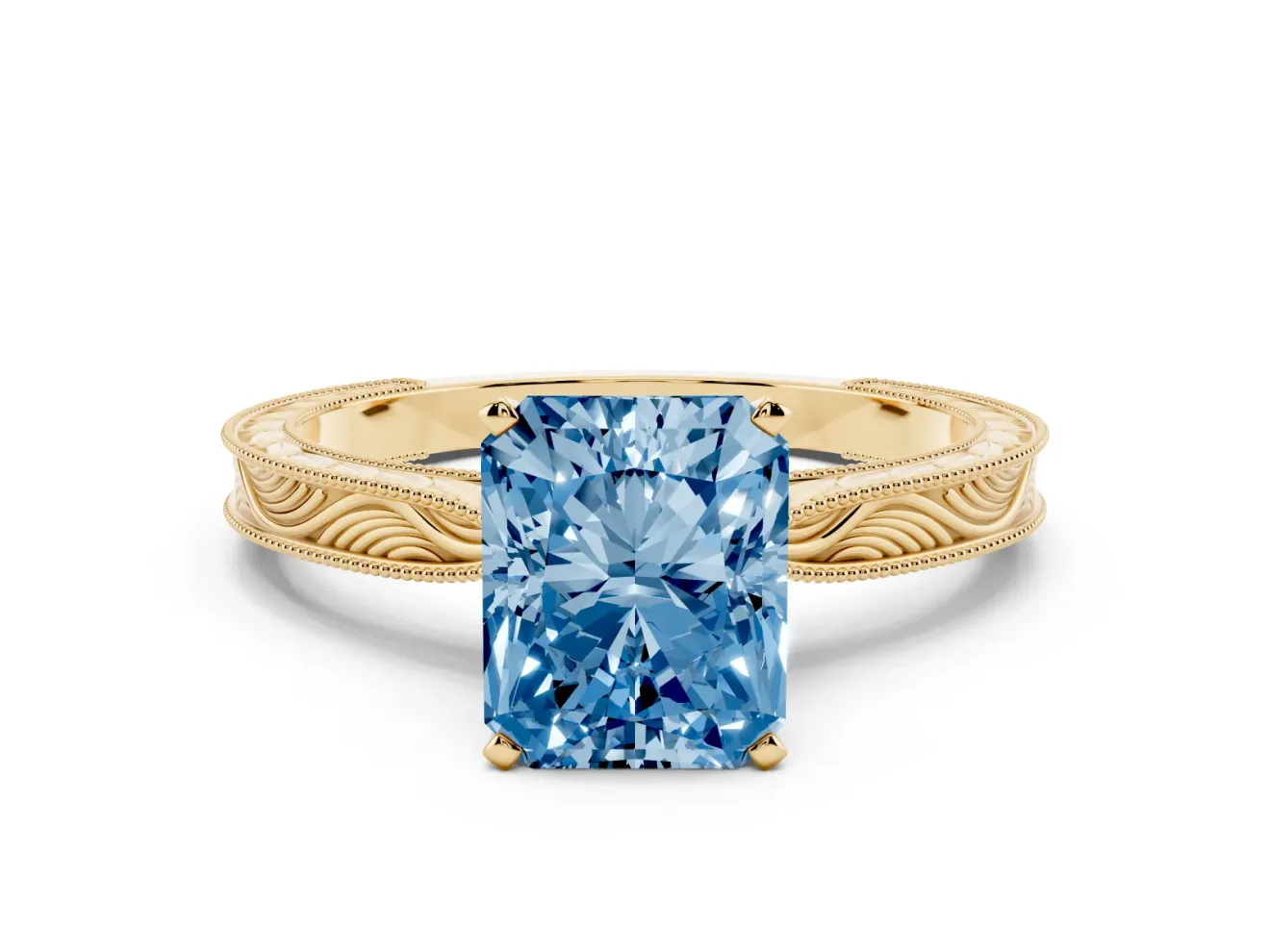 Fancy Blue Radiant Cut Diamond Solitaire Milgrain Engraved Band Set in Yellow gold with Prong Setting