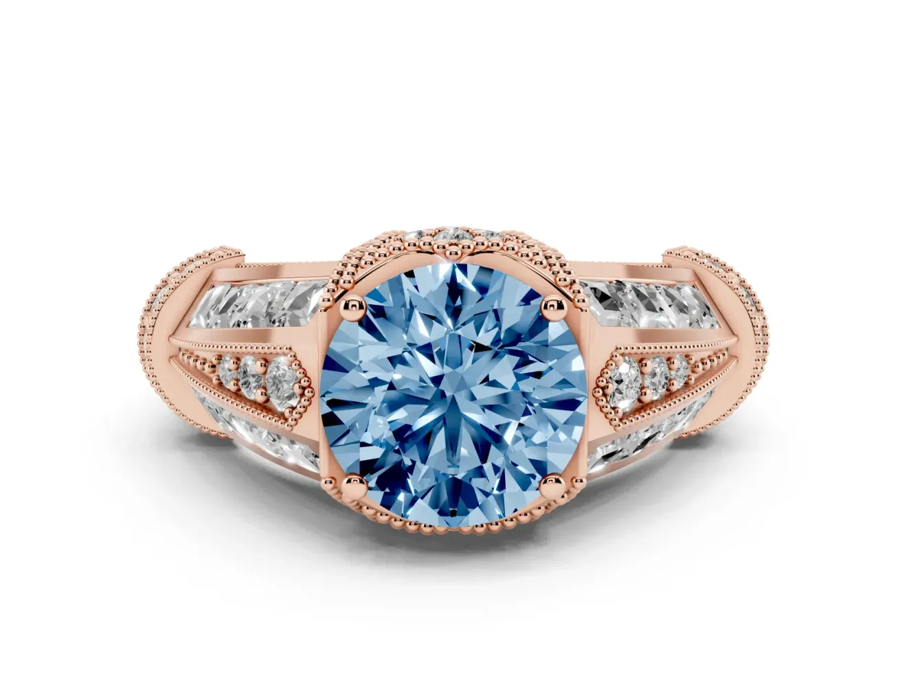 Fancy Blue Round Cut Diamond Vintage-Inspired Milgrain Ring Set in Rose gold with Accent Split Shank