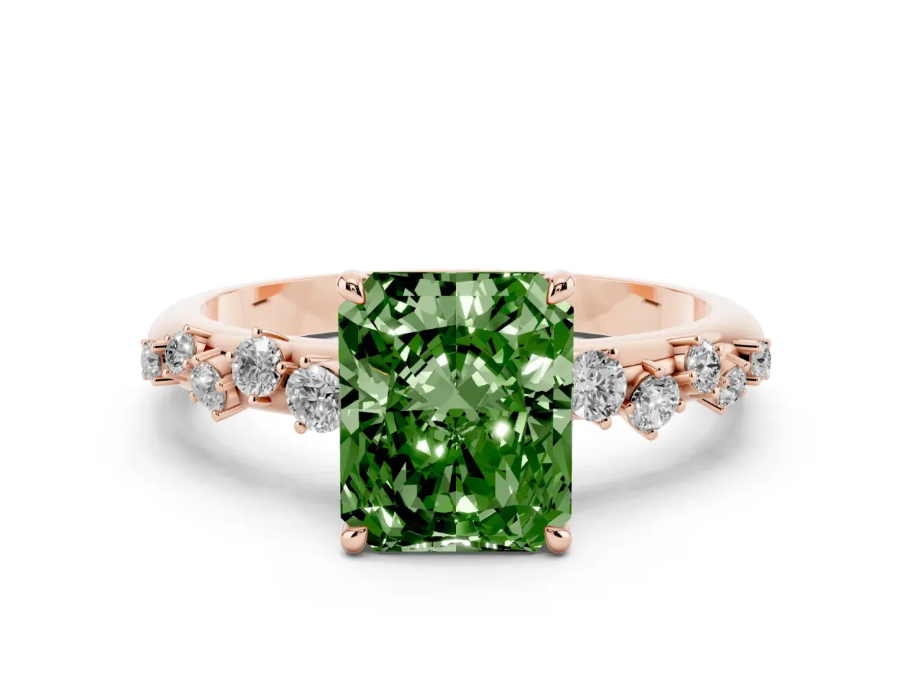 Radiant Cut Graduated Solitaire Engagement Ring Setting for a Fancy Green Lab-Grown Diamond | Rose Gold