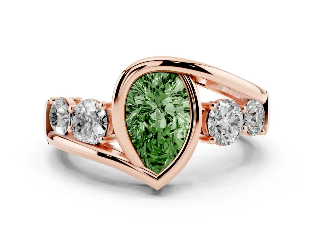 Fancy Green Pear Cut Diamond Bezel Bypass Ring Set in Rose gold with Round Accents