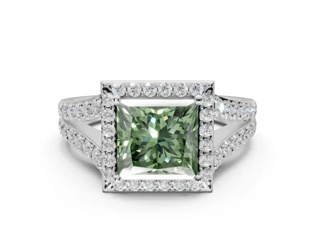 Princess Cut Halo Pavé Engagement Ring Setting for a Fancy Green Lab-Grown Diamond | Narrow Split Shank | White Gold