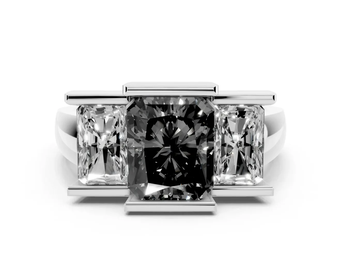 Radiant Cut Channel-Set Three Stone Engagement Ring Setting for a Black Center | Platinum