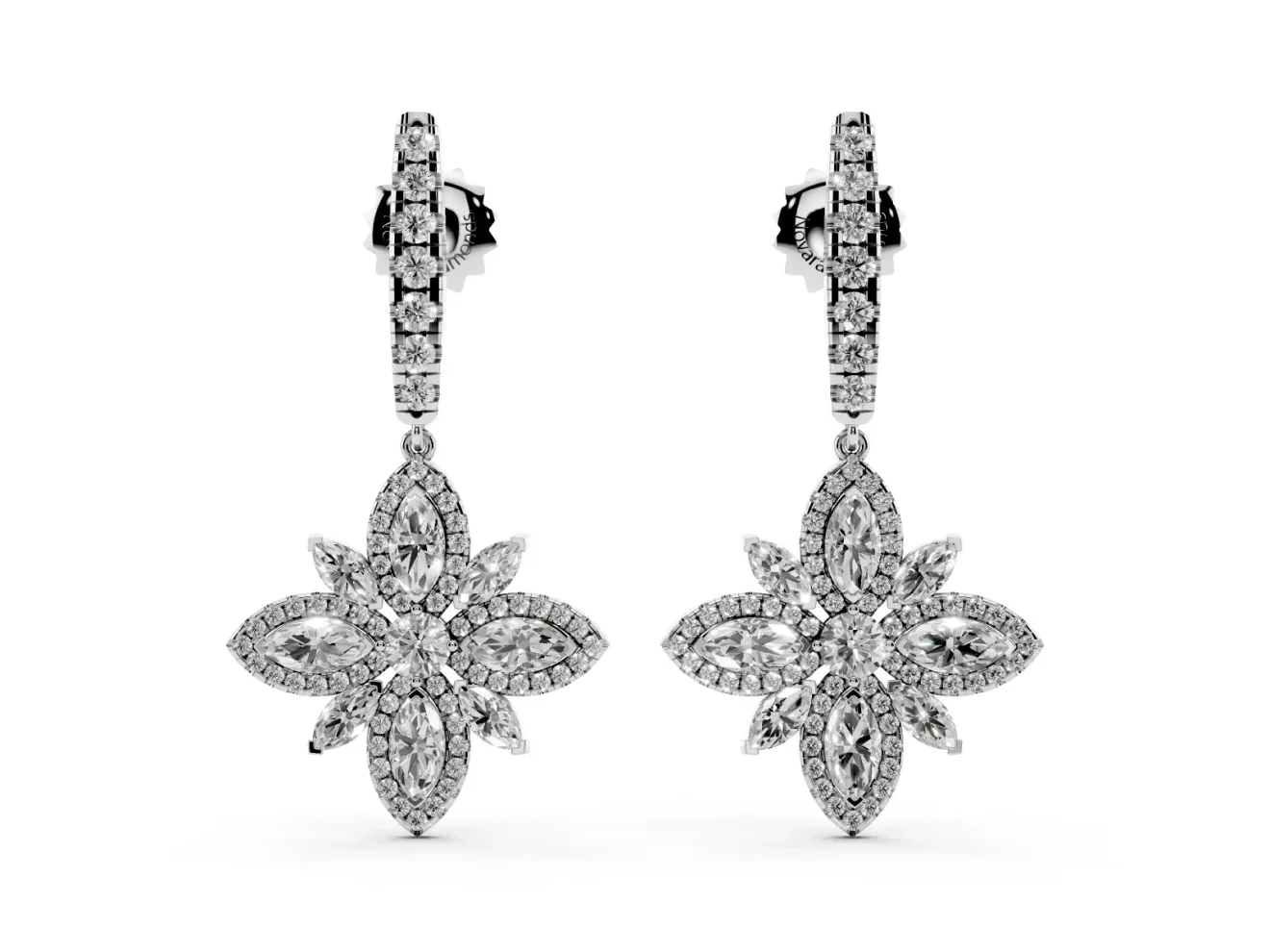 Marquise and Round Lab-Grown Diamond Floral Drop Earrings | Graduated Bar Top | White Gold