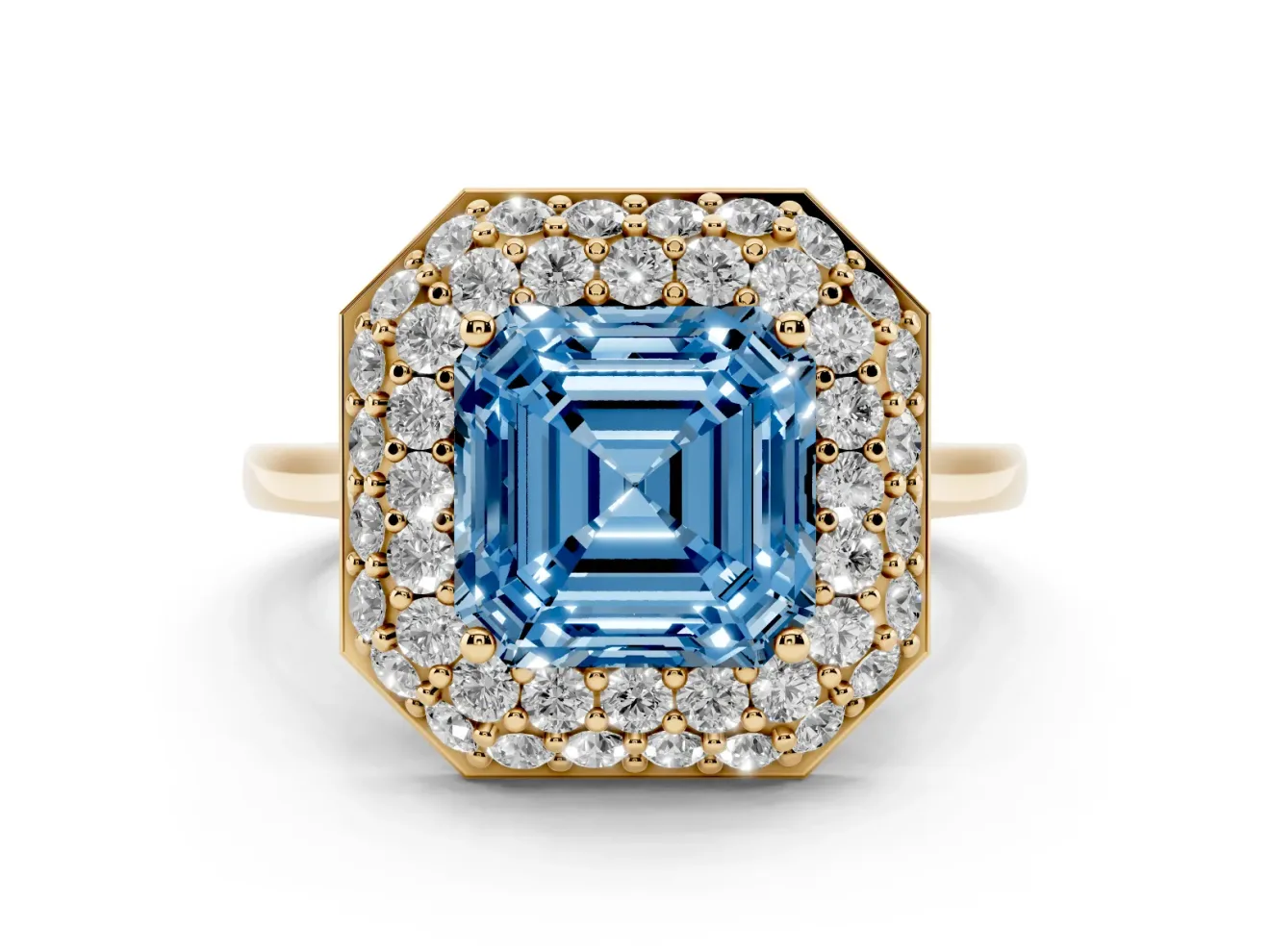 Asscher Cut Pave Halo Engagement Ring Setting for a Fancy Blue Lab-Grown Diamond | Slim Plain Band | Yellow Gold