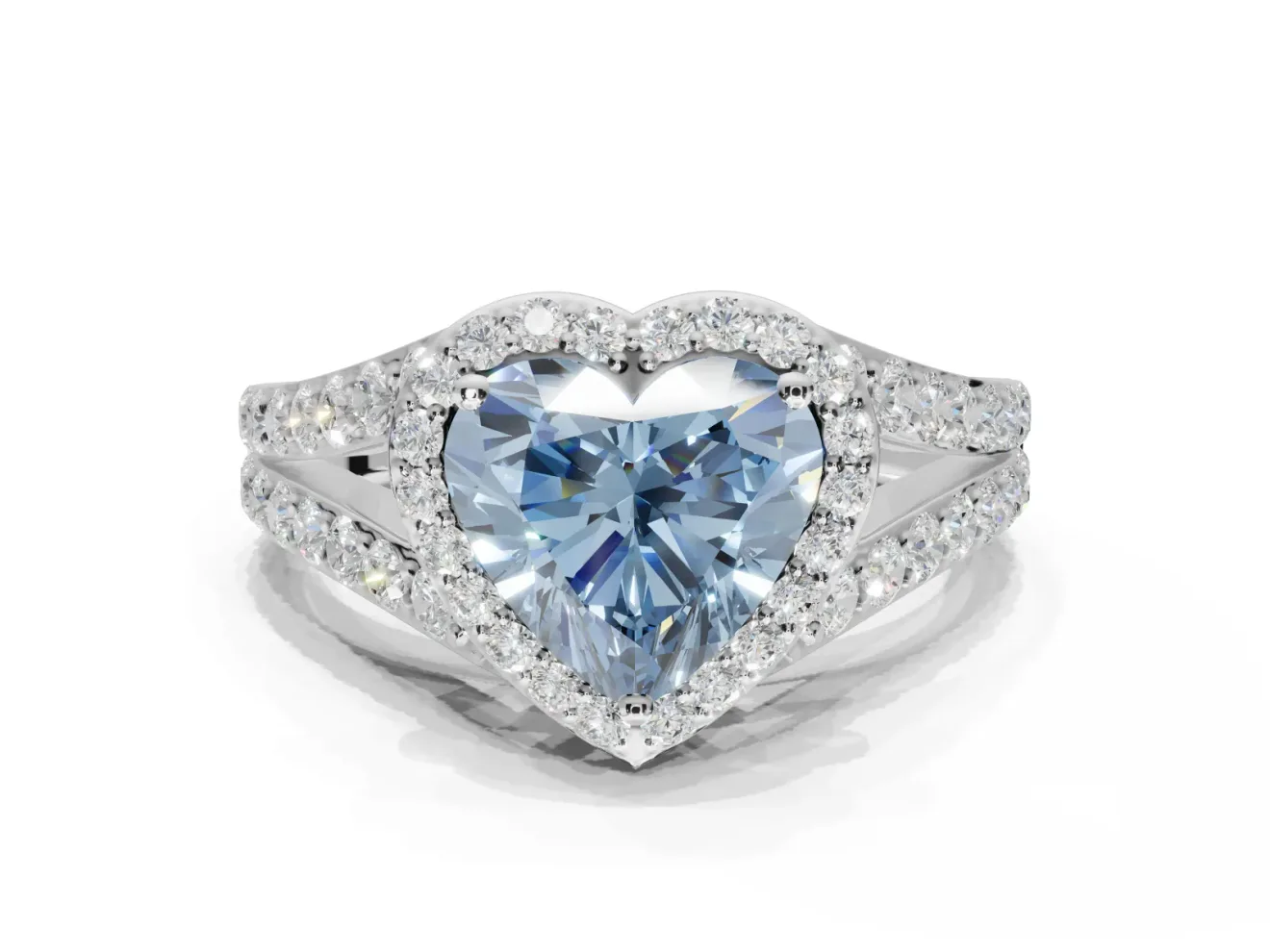 Heart-Shaped Halo Pavé Engagement Ring Setting for a Fancy Blue Lab-Grown Diamond | Narrow Split Shank | Sterling Silver