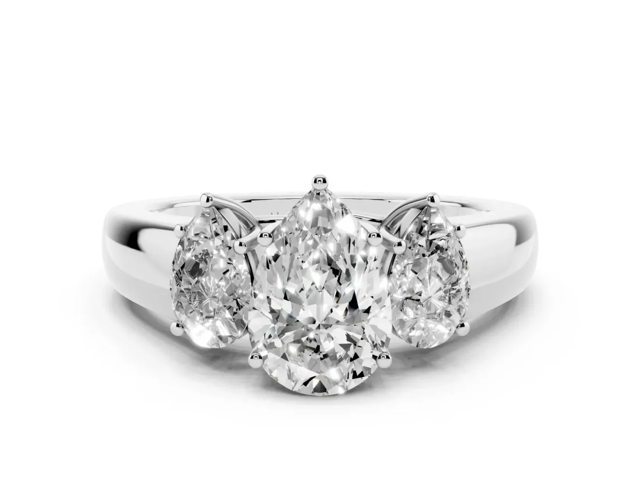 Three-Stone Pear Cut Diamond Ring Set in Silver with Matching Prong Settings and Plain Band