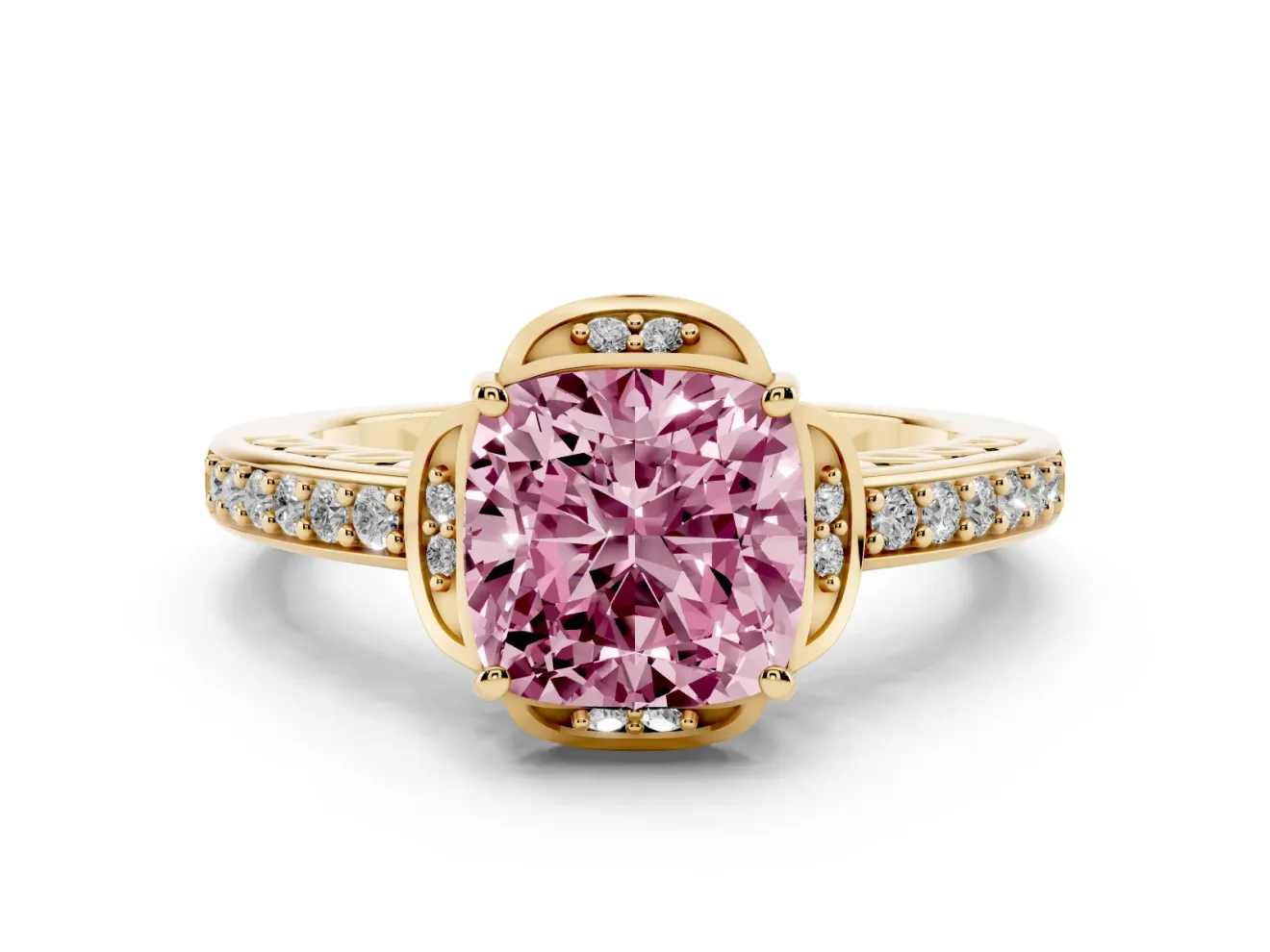 Cushion Cut Floral Pavé Engagement Ring Setting for a Fancy Pink Lab-Grown Diamond | Yellow Gold