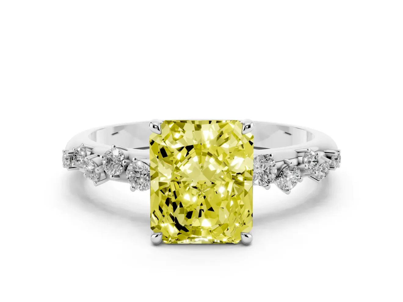 Fancy Yellow Radiant Cut Diamond Cluster Solitaire Ring Set in Platinum with Prong Setting