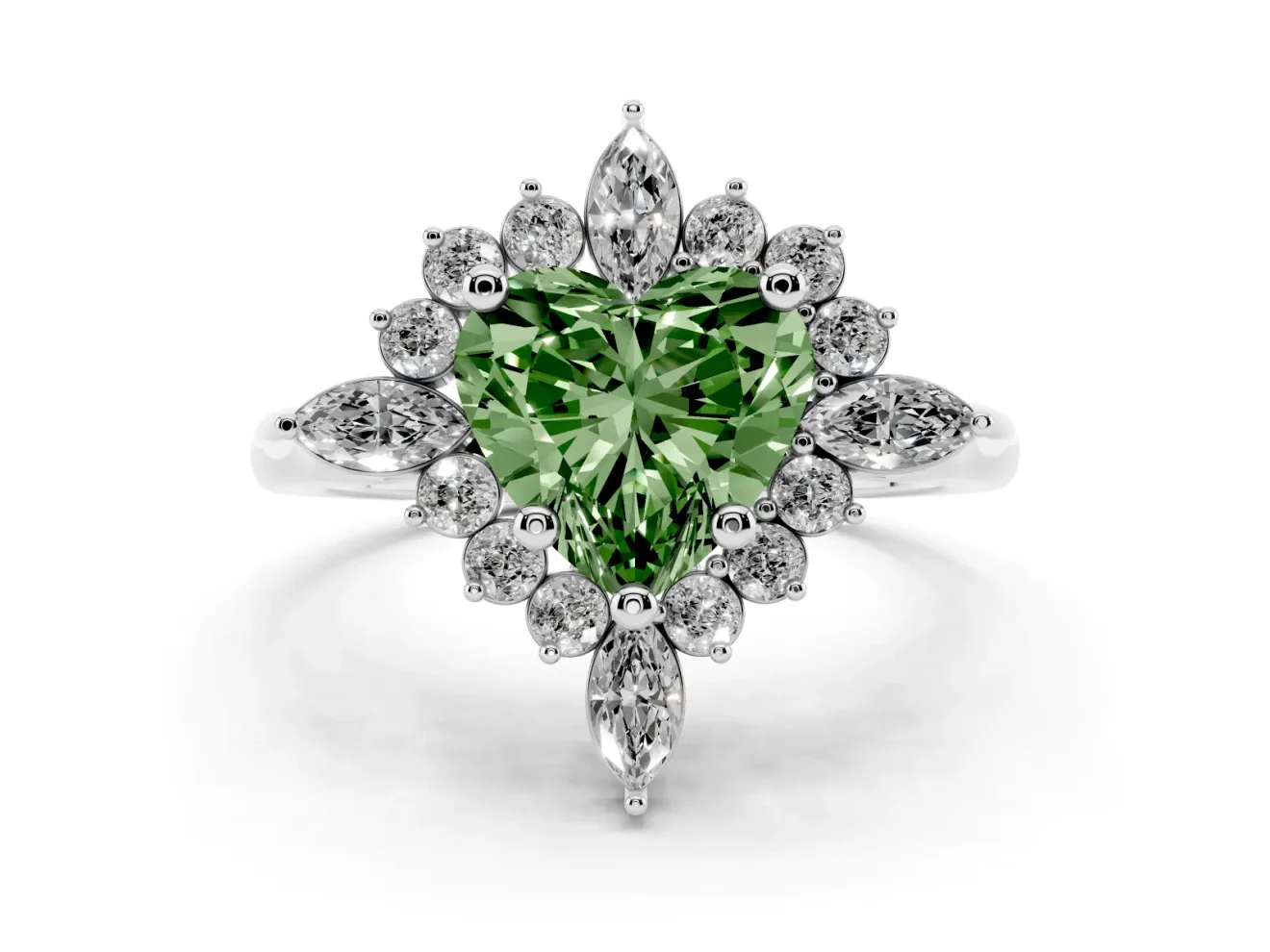 Fancy Green Heart Cut Diamond Cluster Halo Ring Set in Platinum with Marquise and Round Accents