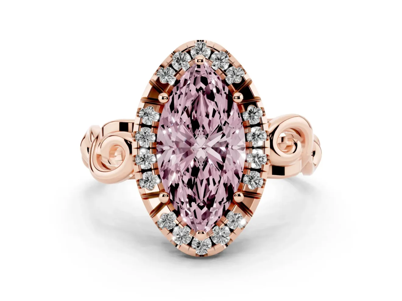 Fancy Pink Marquise Cut Diamond Halo Ring Set in Rose gold with Scrollwork Band and Prong Setting