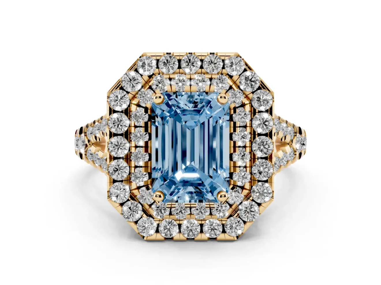 Emerald Cut Halo Split Shank Engagement Ring Setting for a Fancy Blue Lab-Grown Diamond | Pavé Strands | Yellow Gold