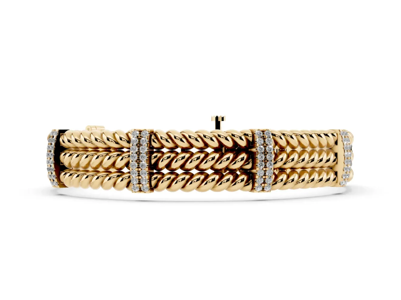 Round Lab-Grown Diamond Pavé Triple Rope Bracelet | Stone-Set Crossbars | Yellow Gold