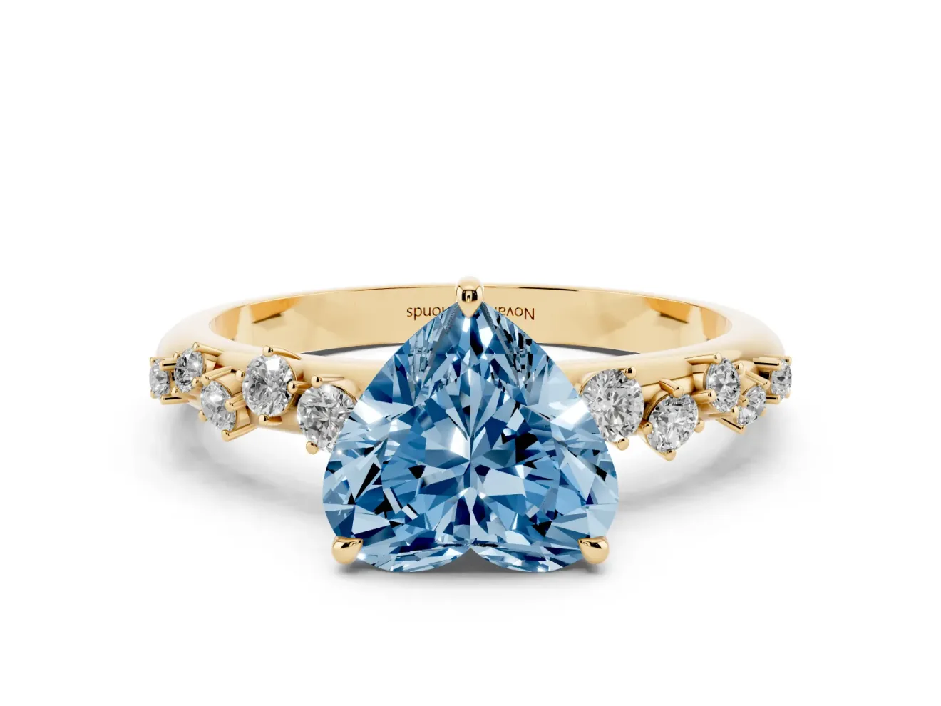 Fancy Blue Heart Cut Diamond Cluster Solitaire Ring Set in Yellow gold with Prong Setting
