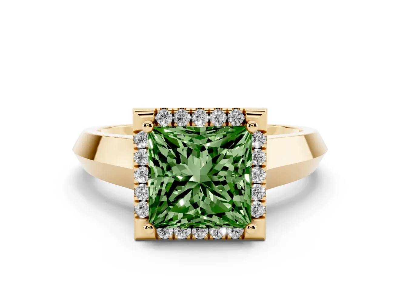 Princess Cut Halo Engagement Ring Setting for a Fancy Green Lab-Grown Diamond | Knife-Edge Band | Yellow Gold