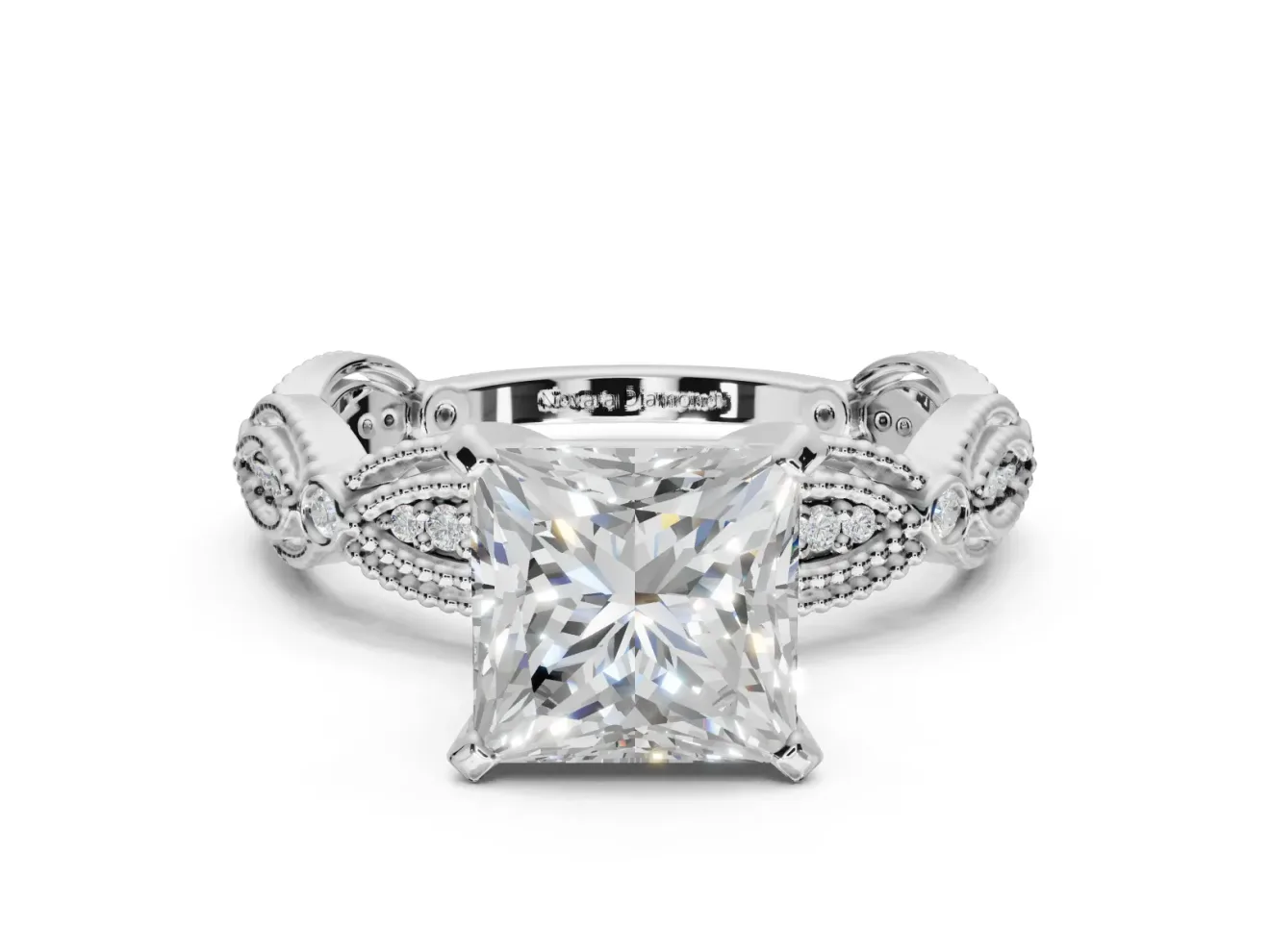 Princess Cut Vintage Milgrain Engagement Ring Setting | Graduated Stations | White Gold
