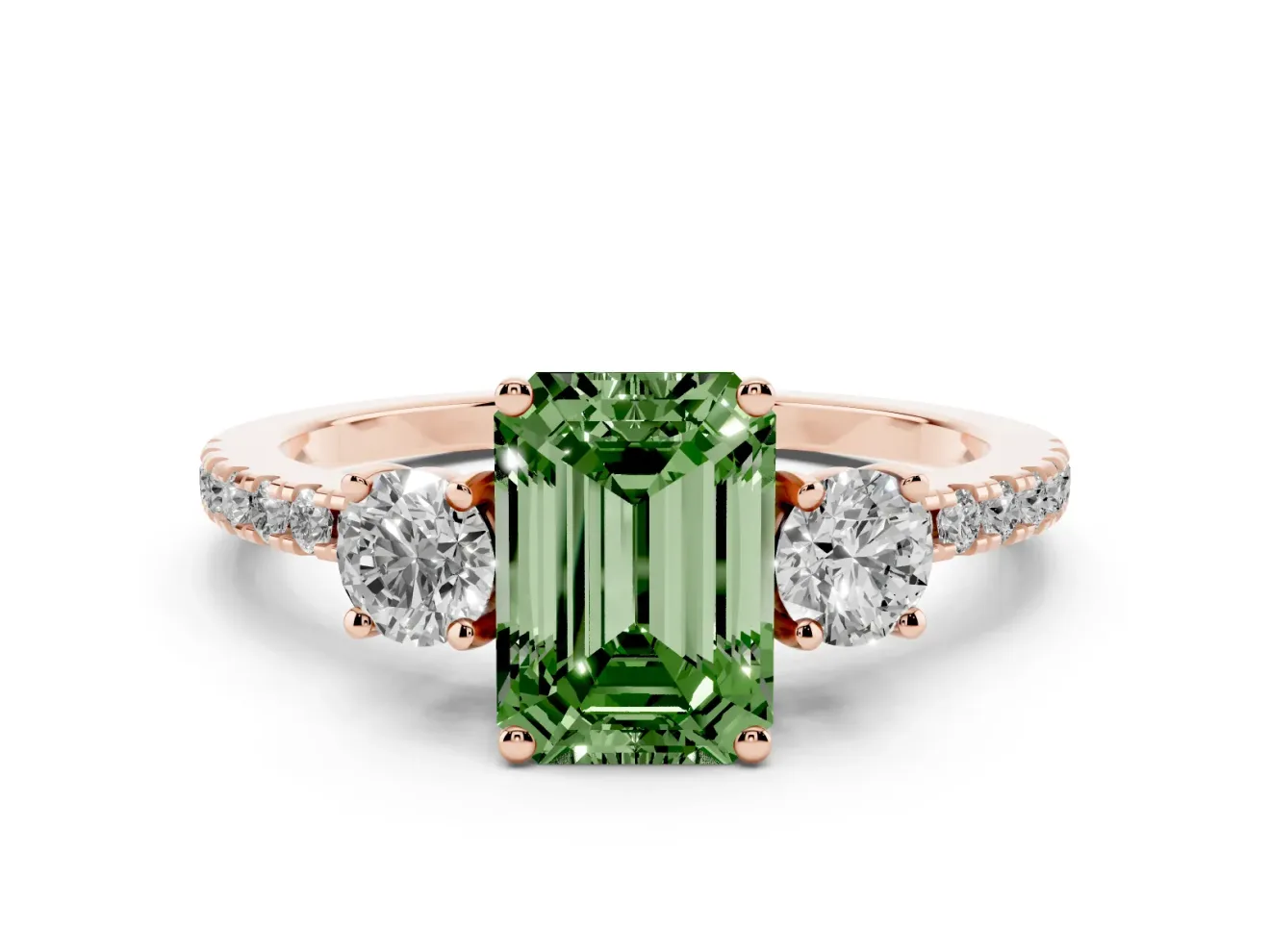 Emerald Cut Three Stone Engagement Ring Setting for a Fancy Green Lab-Grown Diamond | Pave Shoulders | Rose Gold