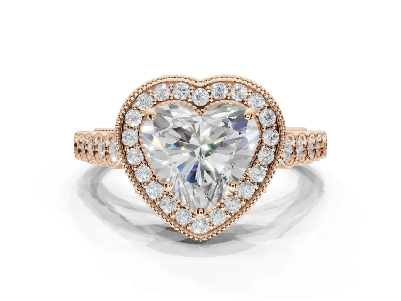 Heart-Shaped Lab-Grown Diamond Milgrain Halo Solitaire Ring Set in Rose Gold with Bezel Set Side Stones and Pavé Band