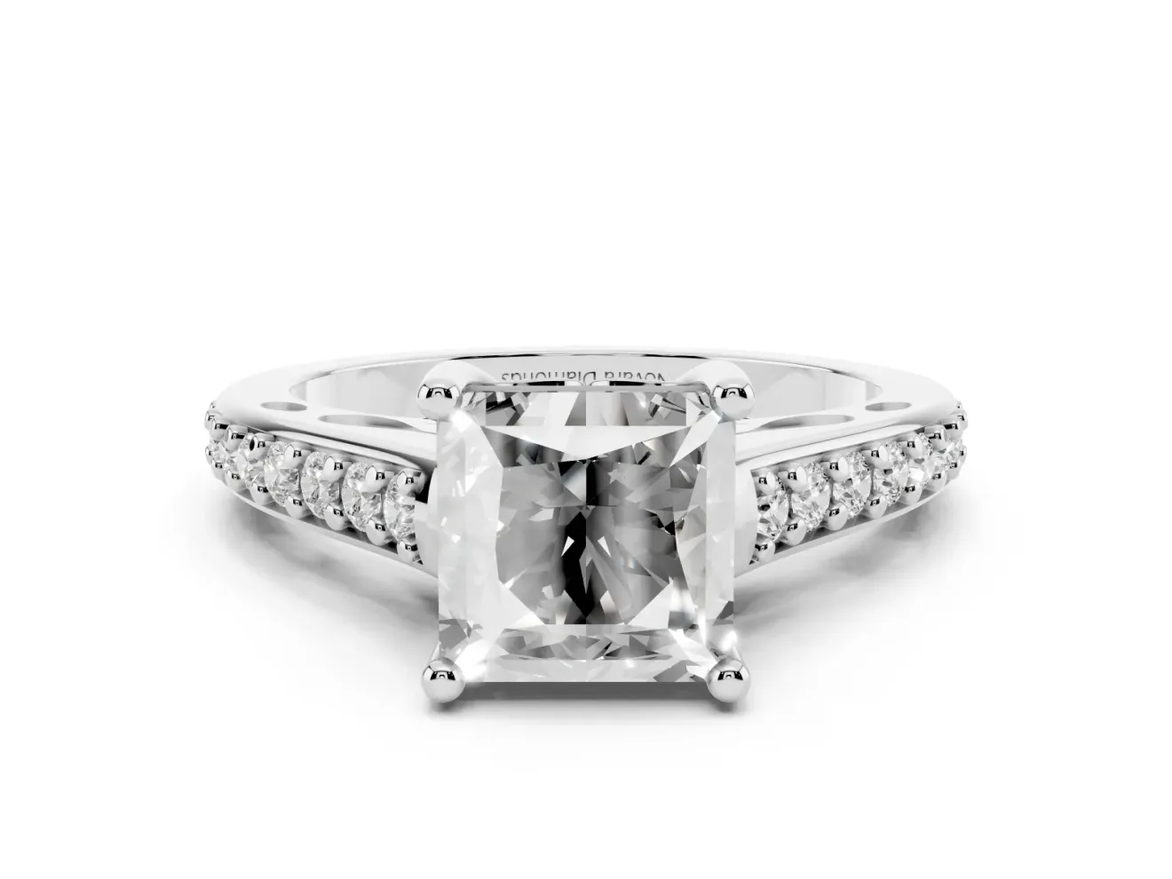 Princess Cut Graduated Pave Cathedral Engagement Ring Setting | Scroll Cut-Outs | Sterling Silver
