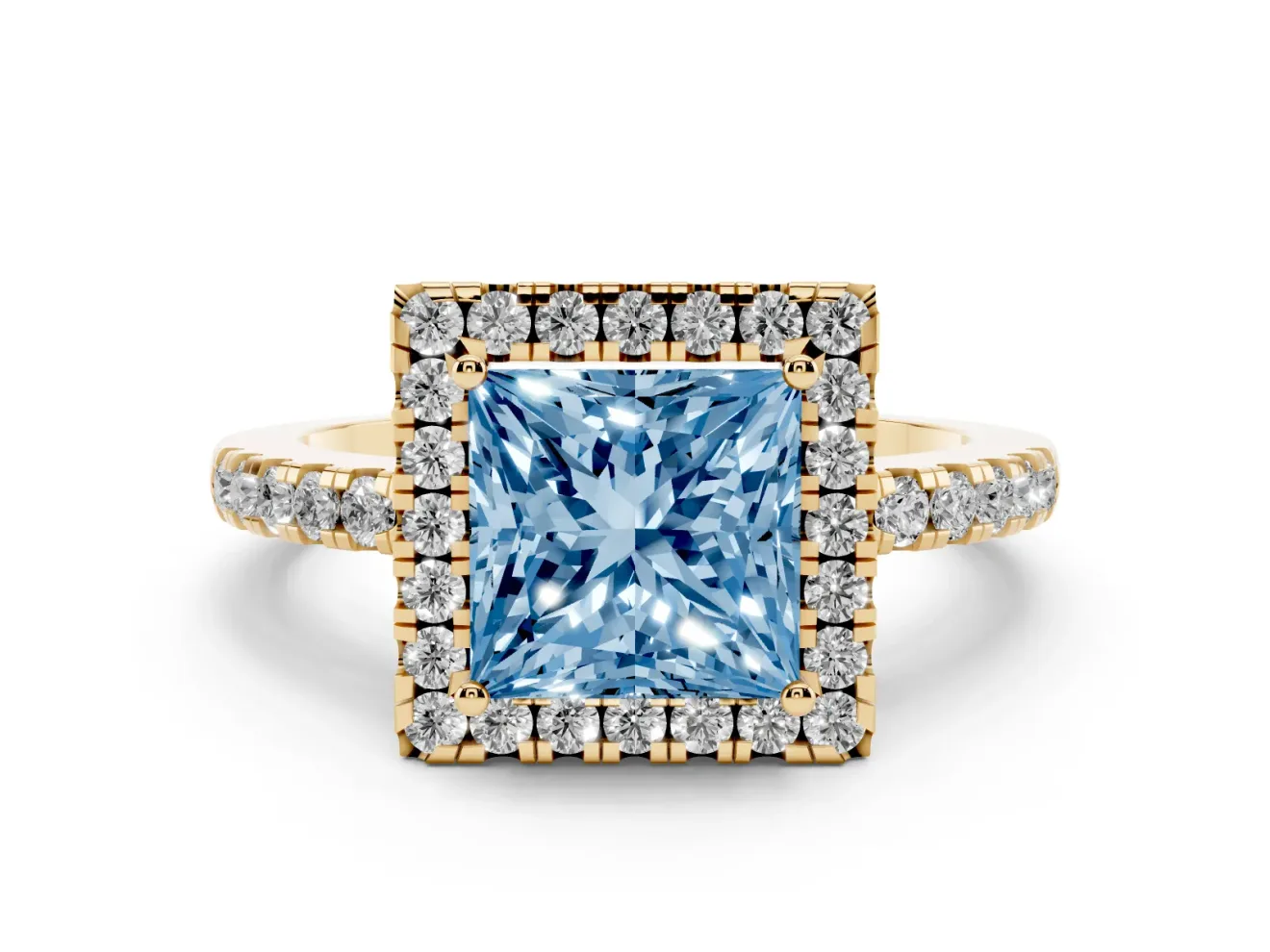Fancy Blue Princess Cut Diamond Pavé Band Halo Engagement Ring Set in Yellow gold with Prong Setting