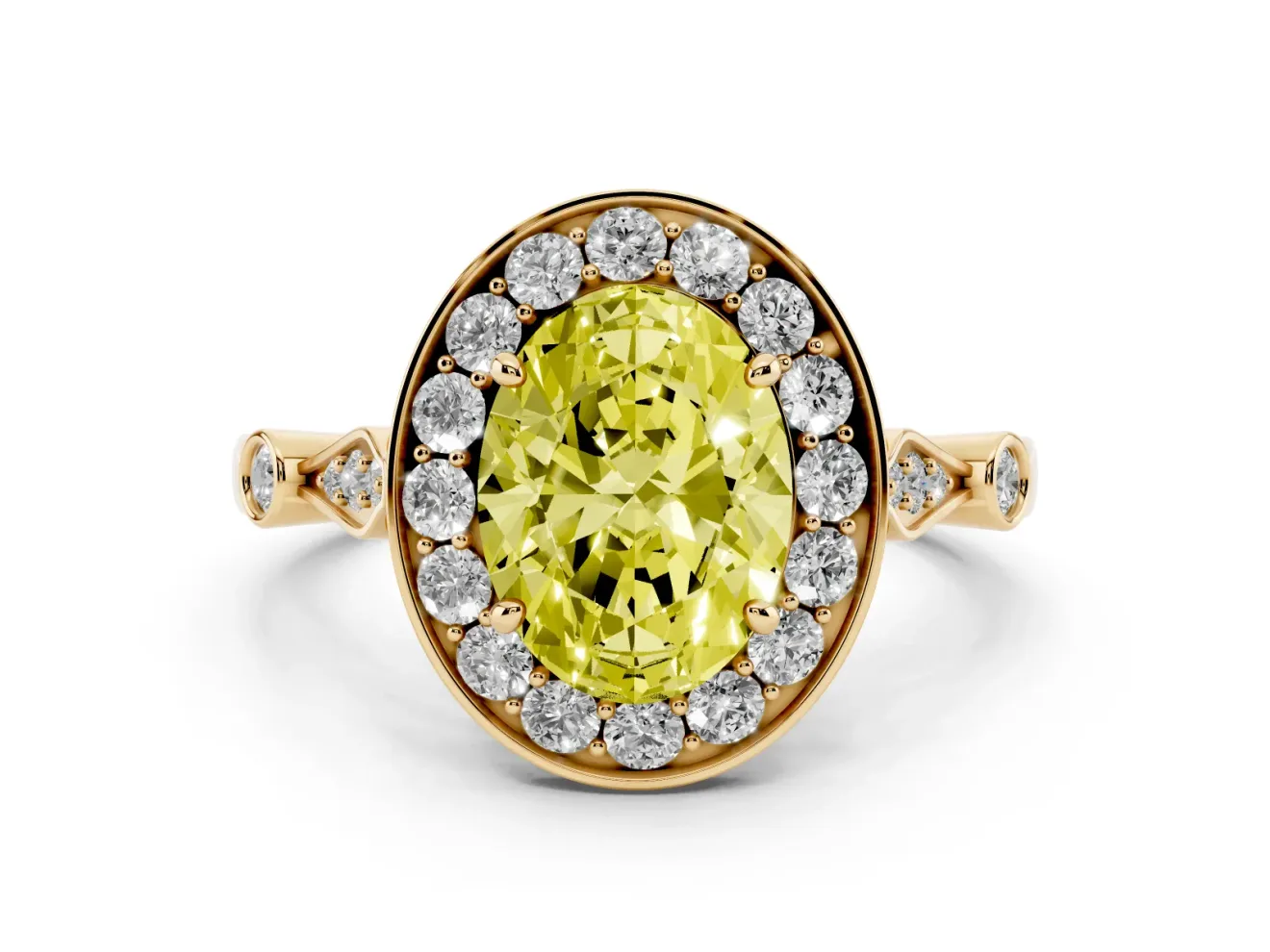 Oval Vintage Halo Engagement Ring Setting for a Fancy Yellow Lab-Grown Diamond | Bezel Station Shoulders | Yellow Gold