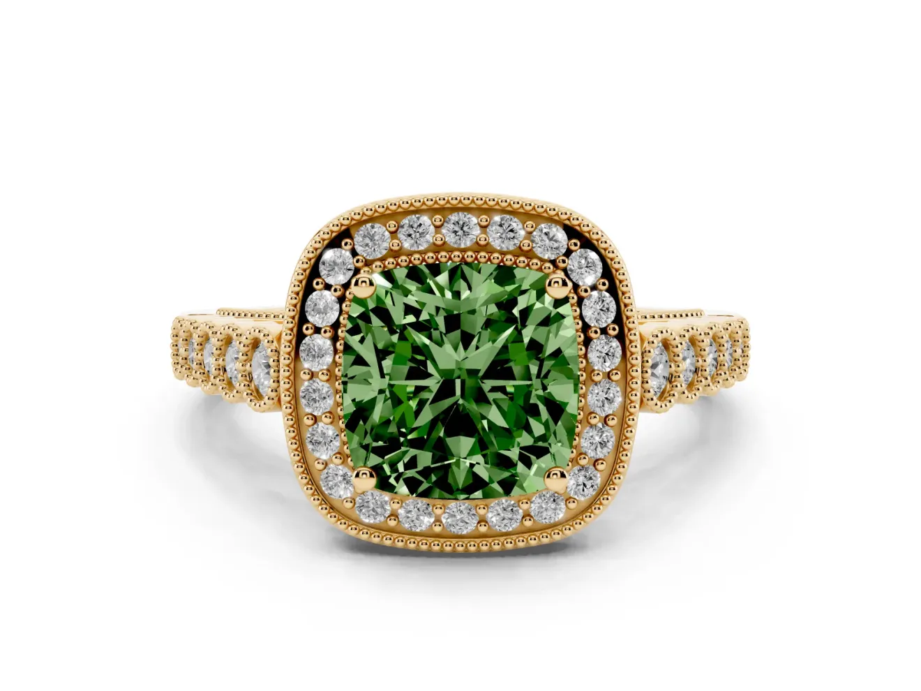 Cushion Cut Graduated Milgrain Halo Engagement Ring Setting for a Fancy Green Lab-Grown Diamond | Yellow Gold
