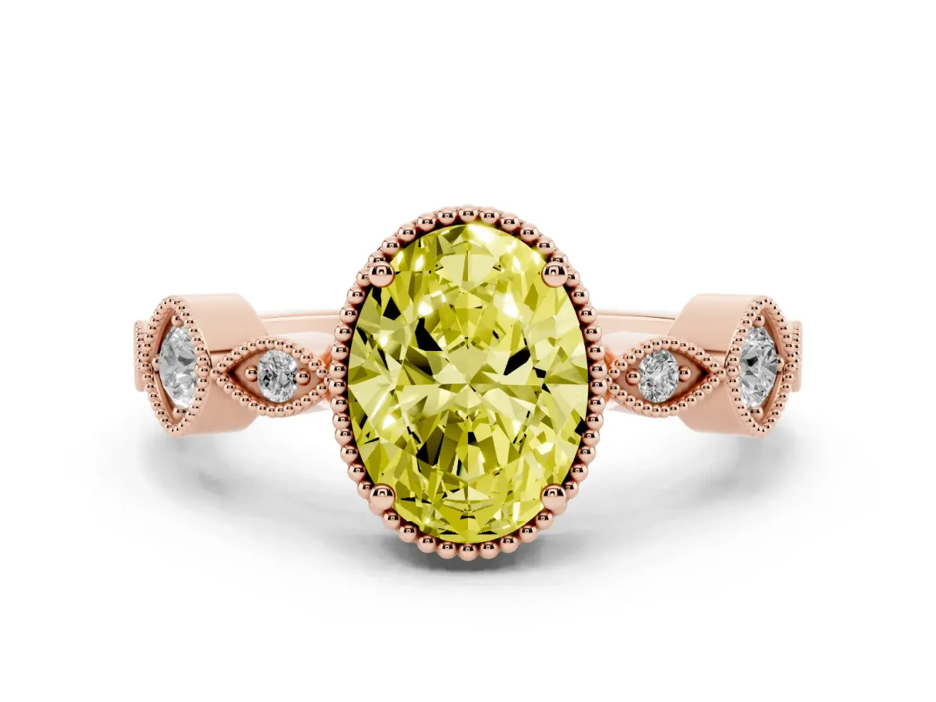 Fancy Yellow Oval Cut Diamond Vintage-Inspired Milgrain Ring Set in Rose gold with Marquise Stations of Round Accents