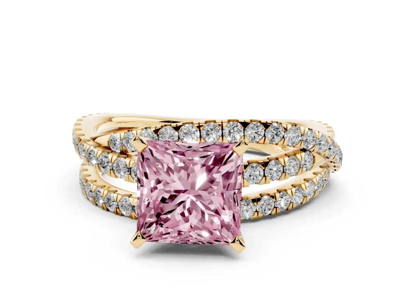 Princess Cut Twisted Pavé Engagement Ring Setting for a Fancy Pink Lab-Grown Diamond | Yellow Gold