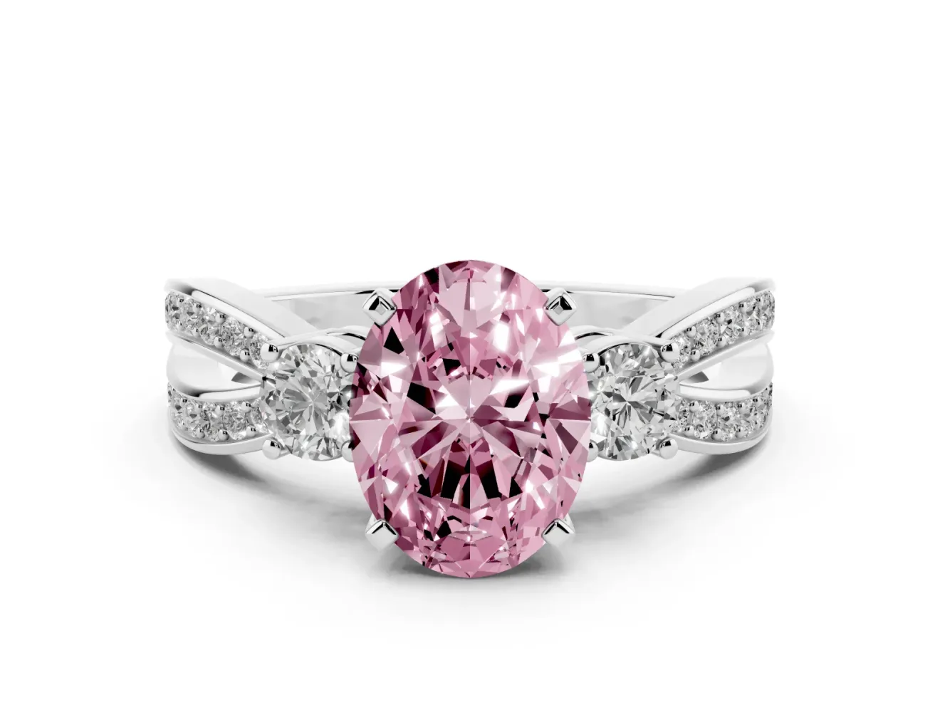 Fancy Pink Three-Stone Oval Cut Diamond Twist Band Ring Set in Platinum with Pavé Accents and Prong Setting