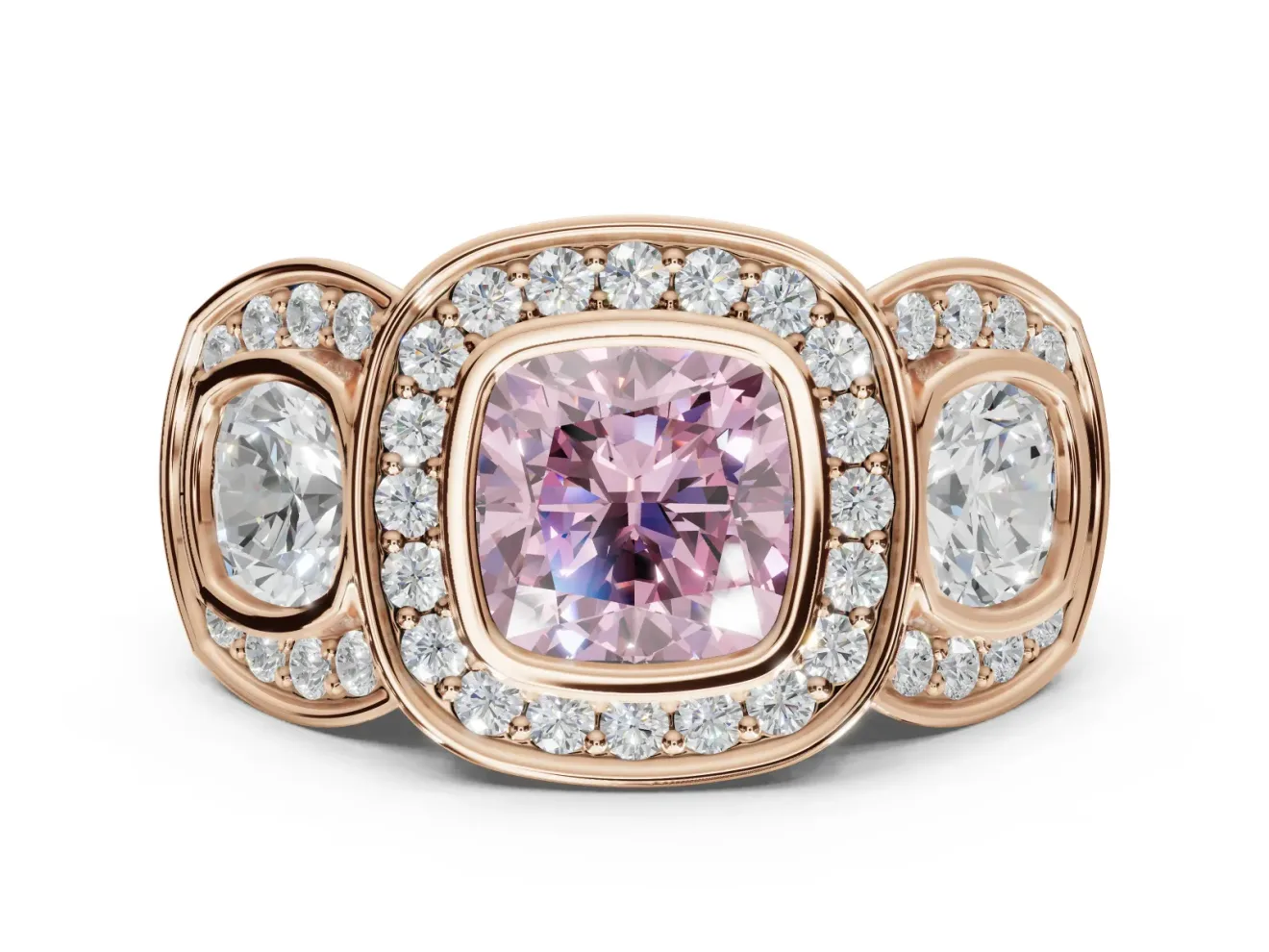 Cushion Cut Three Stone Halo Engagement Ring Setting for a Fancy Pink Lab-Grown Diamond | Rose Gold